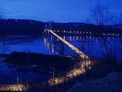 Tjeldsundbrua lighted at night