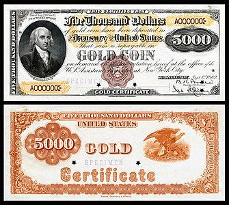 Five-thousand-dollar gold certificate from the series of 1882, by the Bureau of Engraving and Printing