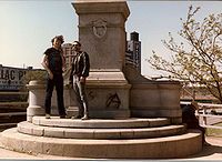 The statue-less pedestal of the police monument on the 100th anniversary of the Haymarket Affair in May 1986; the pedestal has since been removed.