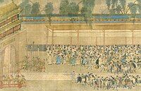 Candidates who had taken the civil service examinations would crowd around the wall where the results were posted; detail from a handscroll in ink and color on silk, by Qiu Ying (1494–1552).[138]