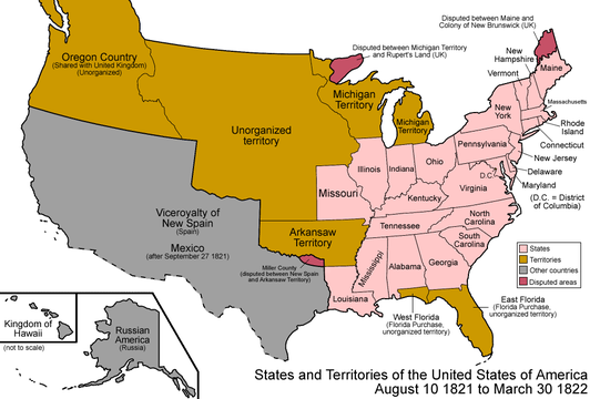 Map of the United States after Missouri was admitted to the Union on August 10, 1821