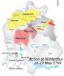 Outline map of northern Switzerland, showing location of armies in relation to one another; the French army is more than half encircled by the Austrians.