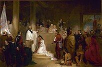 John Gadsby Chapman depicts Pocahontas, wearing white, being baptized Rebecca by Anglican minister Alexander Whiteaker in Jamestown, Virginia; this event is believed to have taken place in 1613 or 1614. She kneels, surrounded by family members and colonists. Her brother Nantequaus turns away from the ceremony. The baptism took place before her marriage to Englishman John Rolfe, who stands behind her. Their union is said to be the first recorded marriage between a European and a Native American. The scene symbolizes the belief of Americans at the time that Native Americans should accept Christianity and other European ways. Chapman (1808-1889), born in Alexandria, Virginia, studied art in Italy and became known for his portrait and historical paintings and his rich use of color.