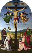 Raphael used verdigris for the green coat of Saint John, the left angel's frock, and other accents, in The Mond Crucifixion