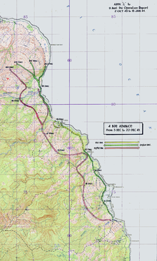 map of New Guinea coast with arrows indicating route taken by the Australian advance.