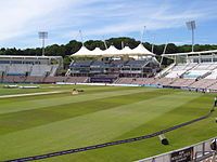 A colour photo of a cricket stadium