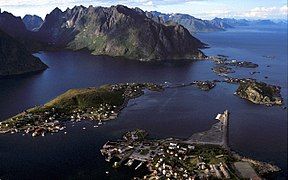 Scenery over Reine near Å in Lofoten, Norway. The E10 goes between the islands.