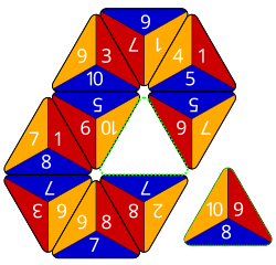 Ex. B: Scores 50 points for a three-tile adjacent opportunity play (10+10 gold, 9+6 red, and 8+7 blue)