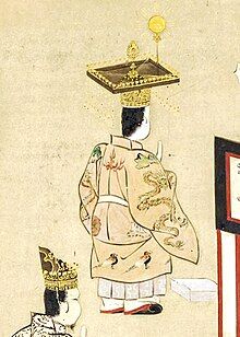 The Japanese Crown Prince wearing the Nine-Ornamented Benkan and ceremonial robes. From the Chōga-zu (1855).