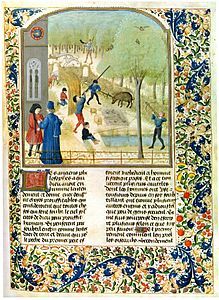 Illustration c. 1480 of medieval Europeans using a blowgun to hunt birds.