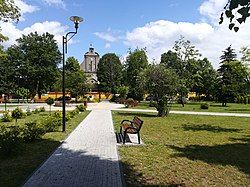 Market square with the church of the Exaltation of the Holy Cross in the background