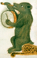 Whimsical depiction of a bear playing pipe and tabor, from a prayer book of the mid 15th century.