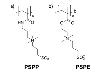 The image shows two chemical structures of the most-common polysulfobetaines