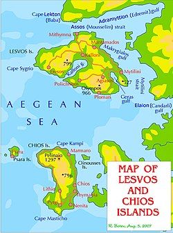 Geophysical maps of the Lesbos and Chios islands, with the main settlements and roads, in English