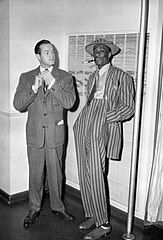 African American man wearing Zoot suit standing with Bob Hope