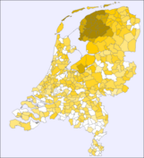 Map of the Netherlands with the municipalities in different shades of yellow