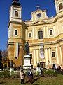 Oradea in Romania – monument of Saint Ladislaus and picture of blessed Szilárd Bogdánffy