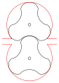 Animated SVG: the rotors of a three-lobe Roots blower meshing and rotating.