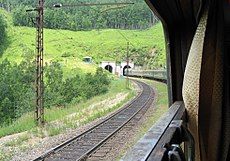 Train entering a Circum-Baikal tunnel west of Kultuk