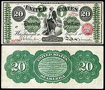 Obverse and reverse of a twenty-dollar greenback