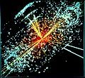 Image 7One possible signature of a Higgs boson from a simulated proton–proton collision. It decays almost immediately into two jets of hadrons and two electrons, visible as lines. (from History of physics)