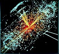 A simulation of a proton collision at the LHC's CMS, causing the decay of higgs bosons