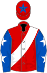 Red, white sash, royal blue sleeves, white stars, red cap, royal blue star