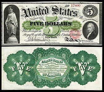 Five-dollar United States Note from the series of 1862–63 at Greenback (money), by the American Bank Note Company