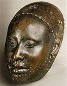 Mask for Obalufon II; circa 1300 AD; copper; height: 29.2 cm; discovered at Ife; Ife Museum of Antiquities (Ife, Nigeria)[51]