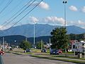 Pigeon Forge, Tennessee with Mount Le Conte in the background.