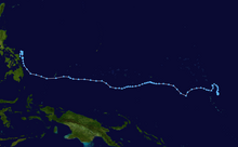 A track map showing the erratic, but generally westward, path of a tropical depression over the western Pacific Ocean