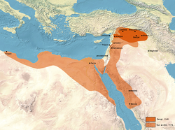 The Zengid state under Imad al-Din in 1145, and expansion under Nur al-Din in 1174 CE.[1]