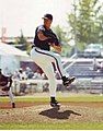 Jim Abbot pitching during a 1998 game