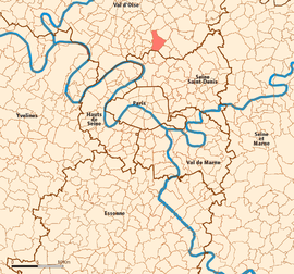 Location (in red) within Paris inner and outer suburbs