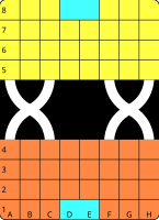 8×4 player areas, two "X" bridges. A player entering the right bridge at F4 may travel to F5 or H5, but not H4.