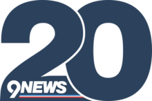 A navy blue thick numeral 20 with the top of the 2 delineated from the otherwise overlapping 0. In the base of the 2 is the 9News logo, a stylized 9 next to the italicized word NEWS atop a red-white-blue stripe.