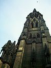 The ruined church tower, built in Gothic Revival style.