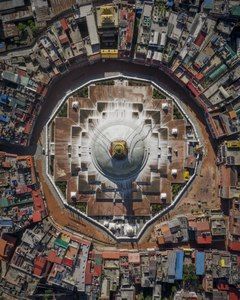 Aerial view of the Boudhanath stupa resembles a mandala