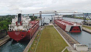 The Edgar B. Speer heading downstream and the Richelieu heading upstream in the Soo Locks