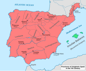 A map of Spain with 7th-century provinces and their capitals: Auca (Oca) is in the north, in the province of Cantabria