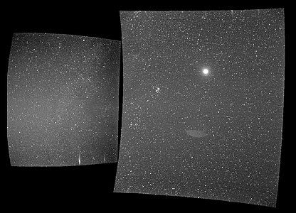 The view from the probe's WISPR instrument on Sept. 25, 2018, shows Earth, the bright sphere near the middle of the right-hand panel. The elongated mark toward the bottom of the panel is a lens reflection from the WISPR instrument[14]