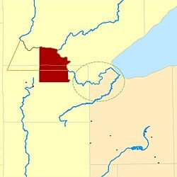 Fond du Lac Indian Reservation. (1854-1858 reservation shown in orange outline. 1858-present reservation shown in dark red.) Original core Fond du Lac Band area closer to the mouth of the Saint Louis River before relocation to the reservation shown in green.