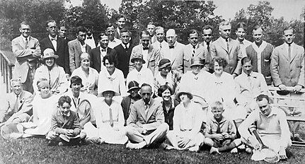 (Seventh from top left.) A tournament at Lake Mohonk is ongoing. He went on to win singles and doubles. Lauretta is seated second from the lower left. 1924