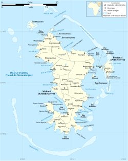 Map of Mayotte. Mbouini is located on the southern coast.