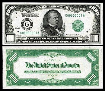 One-thousand-dollar Federal Reserve Note from the series of 1928 at Large denominations of United States currency, by the Bureau of Engraving and Printing