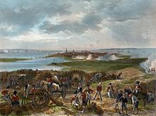 A birds-eye view over the British lines of artillery besieging the port of Charleston in the center-background, and landing some shots at the docks.