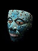 The Mask of Xiuhtecuhtli; 1400–1521; cedrela wood, turquoise, pine resin, mother-of-pearl, conch shell, cinnabar; height: 16.8 cm (6.6 in), width: 15.2 cm (6.0 in); British Museum (London)