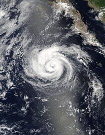 A satellite photo of Hurricane Howard off the coast of the Baja California peninsula on August 8, 2022.