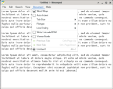 Screenshot of the Mousepad program, showing it's graphical user interface and displaying the Document dropdown options