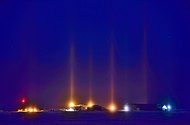 Nocturnal light pillars caused by light reflected through ice fog in Cambridge Bay, Nunavut, Canada